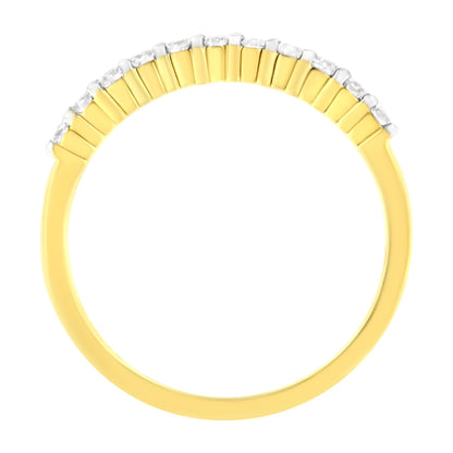 Top view of a yellow band ring with round white gemstones in prong settings along the top half.