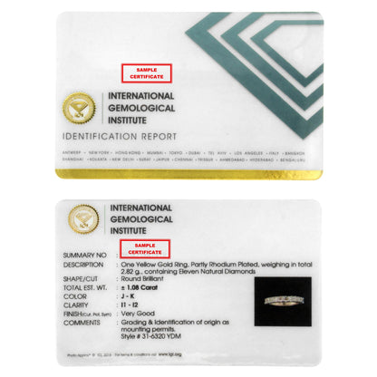 Alt text: Ring shown on a scale, viewed from the top angle, featuring a yellow band with a row of round white gemstones in a shared prong setting.