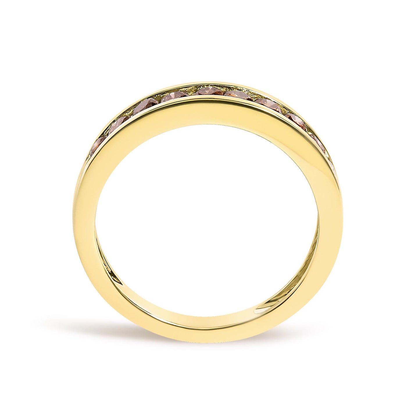Anillo de plata de ley 925 chapada en oro amarillo de 14 quilates con canal de 1/2 quilates, anillo redondo de diamantes color champán con 11 piedras (color KL, claridad I1-I2)