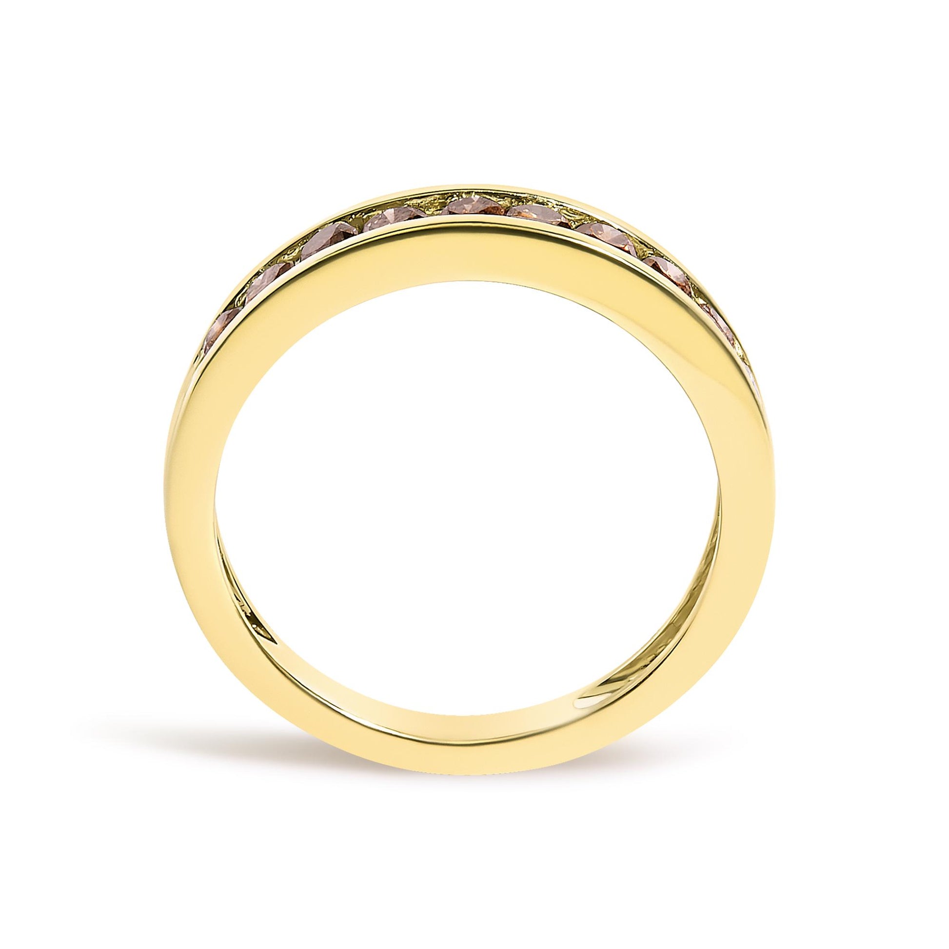 Anillo de plata de ley 925 chapada en oro amarillo de 14 quilates con canal de 1/2 quilates, anillo redondo de diamantes color champán con 11 piedras (color KL, claridad I1-I2)