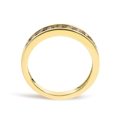 Anillo de plata de ley 925 chapada en oro amarillo de 14 quilates con canal de 1/2 quilates, anillo redondo de diamantes color champán con 11 piedras (color KL, claridad I1-I2)