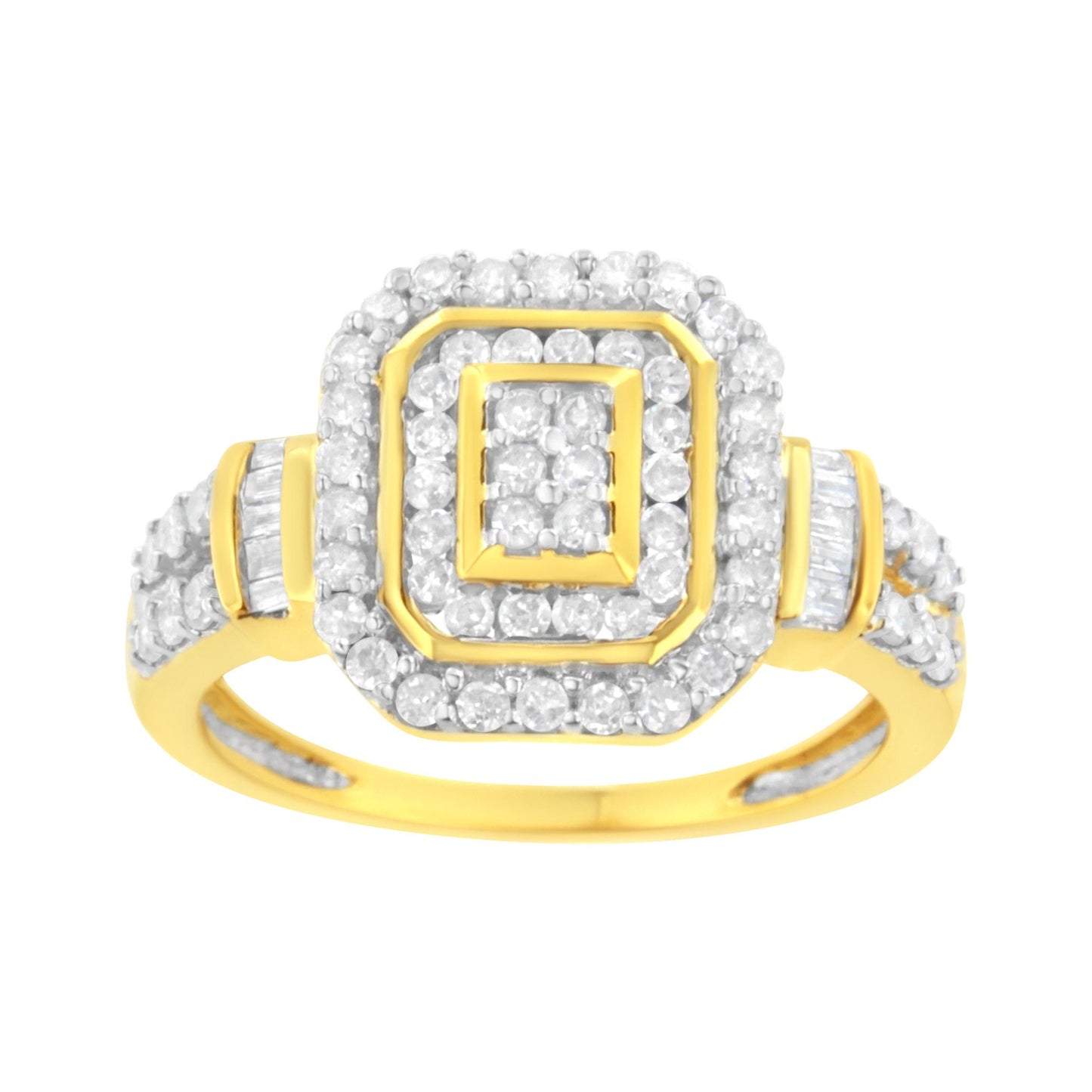 Front-facing yellow metal ring with multiple rows of round white gemstones in prong settings and baguette white gemstones in channel settings on the band and top, shown on a white background.