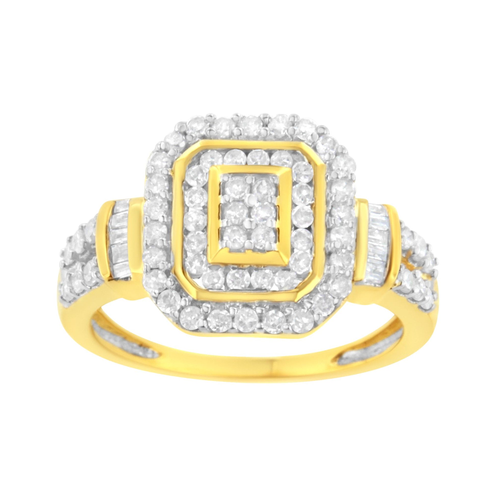 Front-facing yellow metal ring with multiple rows of round white gemstones in prong settings and baguette white gemstones in channel settings on the band and top, shown on a white background.