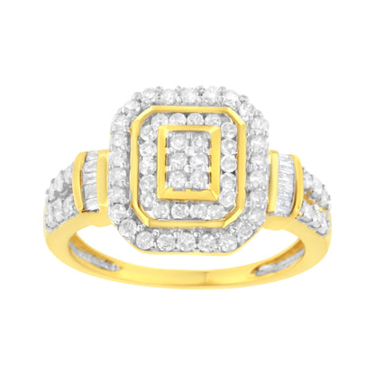 Front-facing yellow metal ring with multiple rows of round white gemstones in prong settings and baguette white gemstones in channel settings on the band and top, shown on a white background.