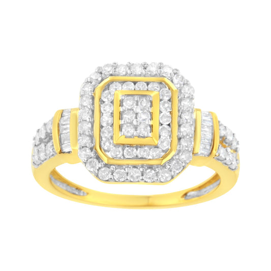 Front-facing yellow metal ring with multiple rows of round white gemstones in prong settings and baguette white gemstones in channel settings on the band and top, shown on a white background.