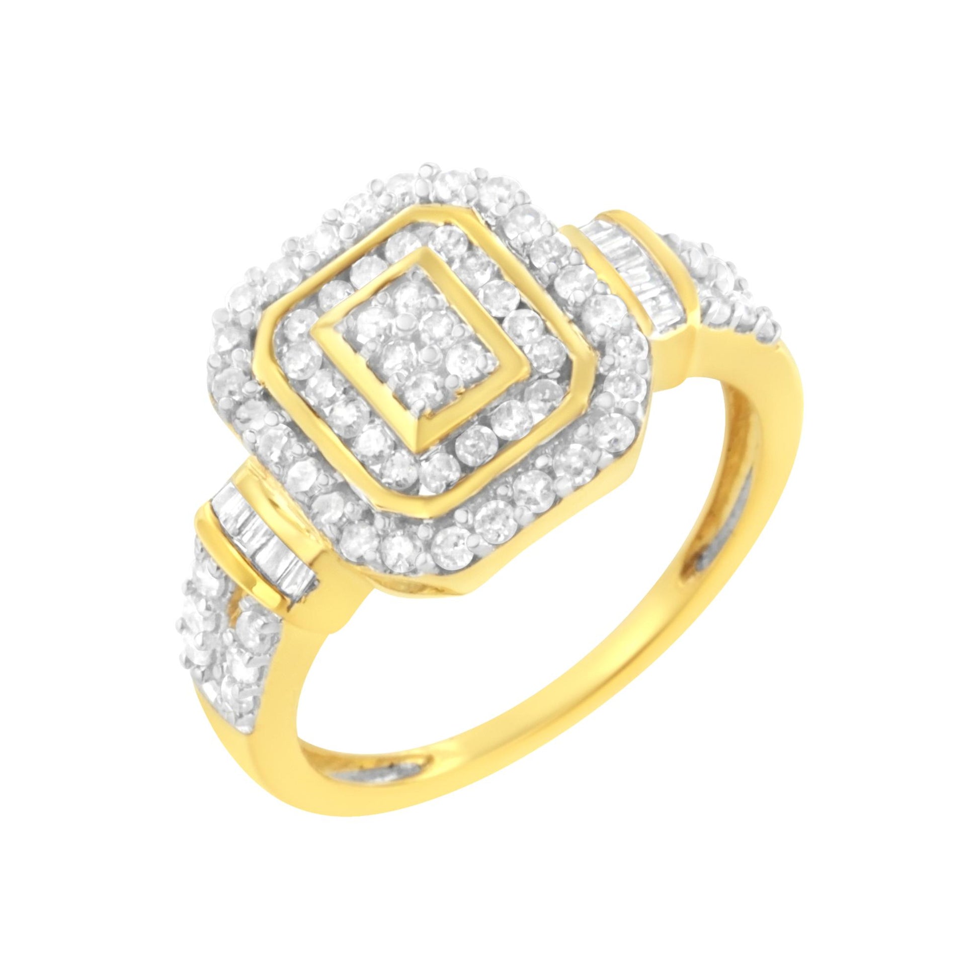 Yellow metal ring with square cluster of round white gemstones in prong setting and baguette white gemstones in channel setting on band, shown at angled top view.