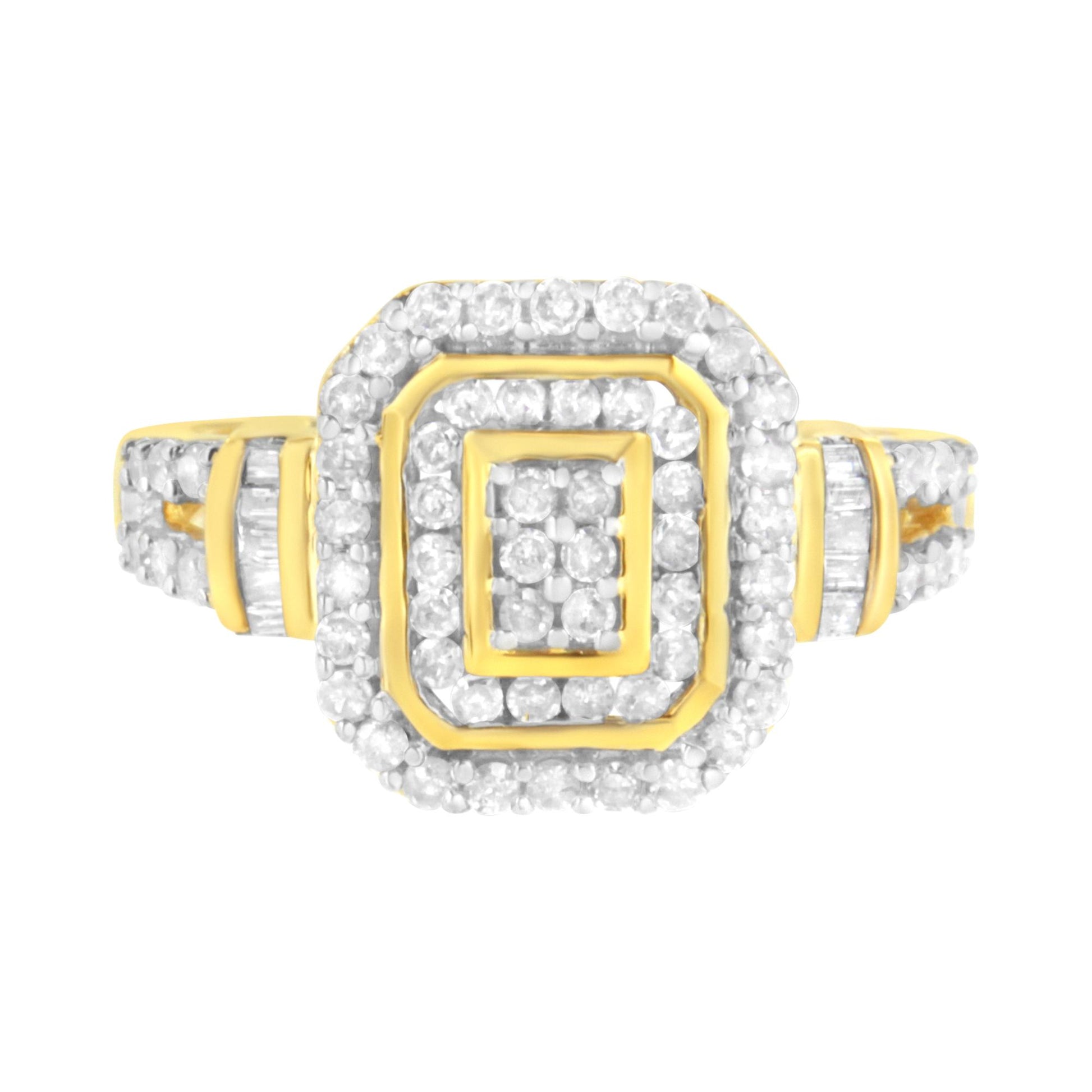 Front view of a yellow metal ring featuring multiple rows of round white gemstones in prong settings and rectangular white gemstones in channel settings on the band.