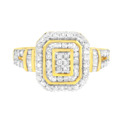 Front view of a yellow metal ring featuring multiple rows of round white gemstones in prong settings and rectangular white gemstones in channel settings on the band.