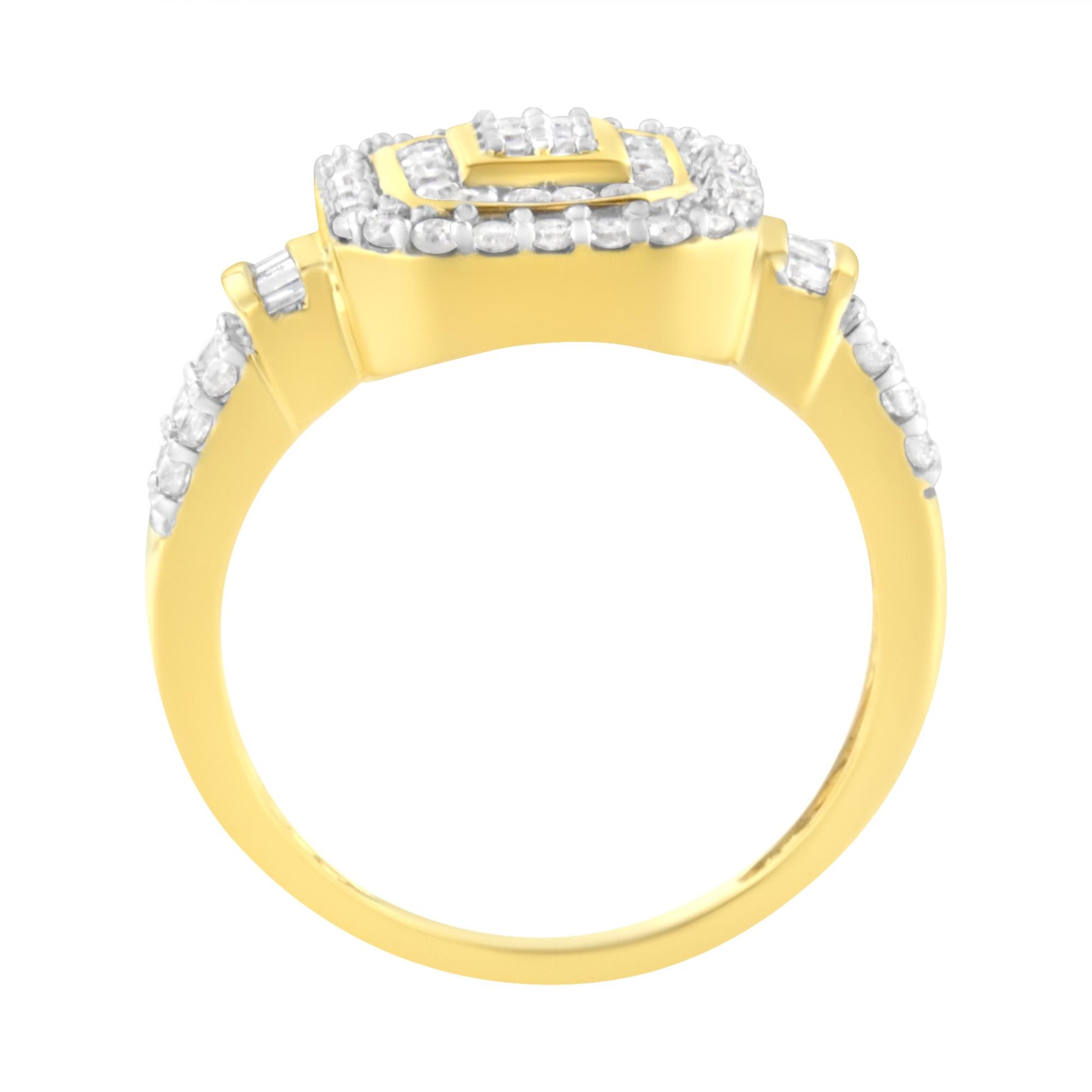 Yellow metal ring with multiple round white gemstones in prong settings and baguette white gemstones in channel settings, shown in a side view angle.
