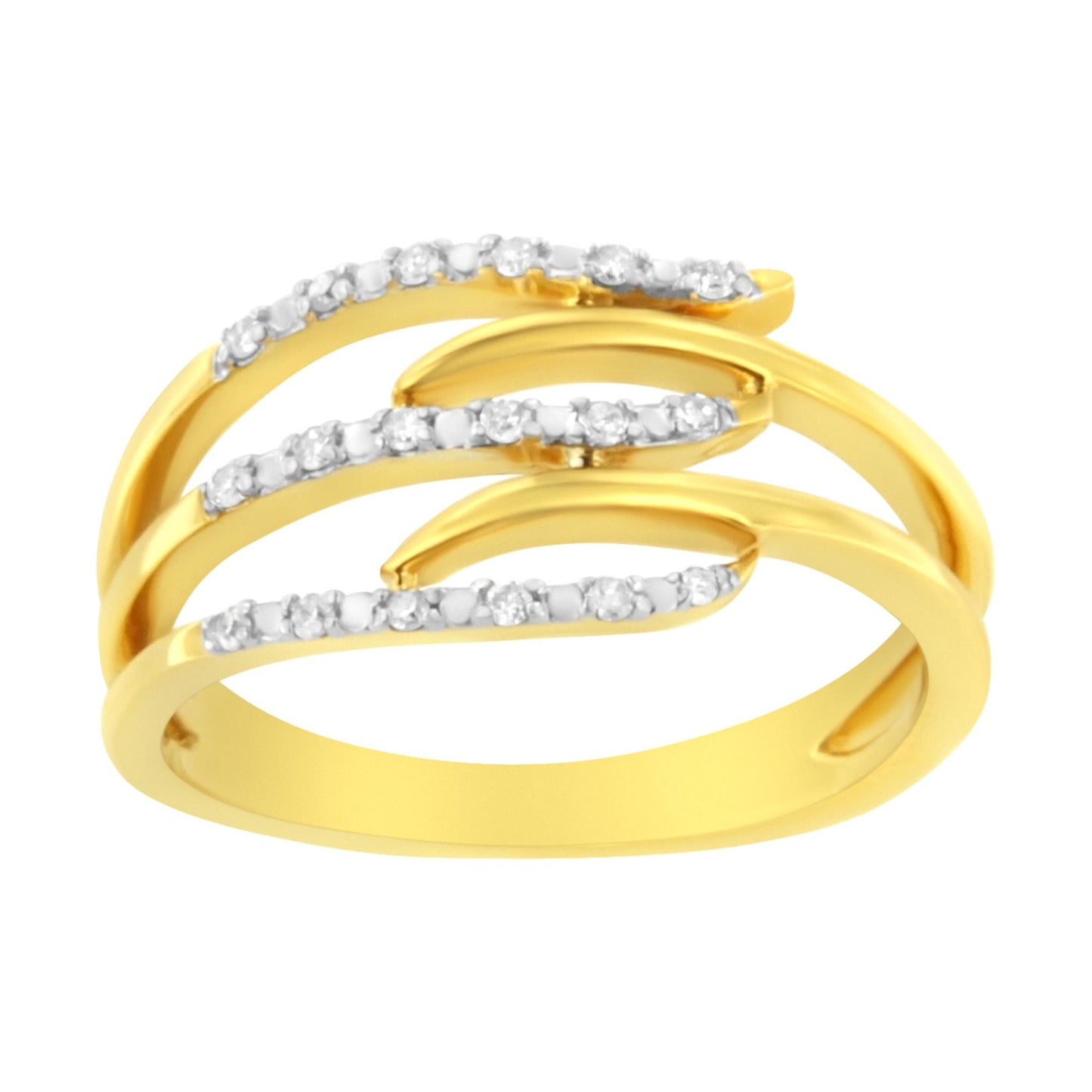 Yellow metal ring with three bands, each band featuring round white gemstones in prong settings, shown from a side angle.