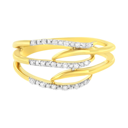 Yellow ring with three open bands adorned with prong-set white round gemstones, side angle view.