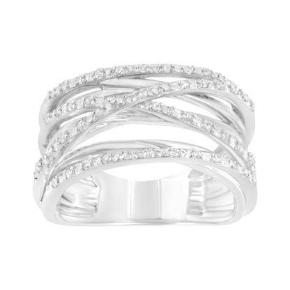 Front-facing view of a white ring featuring intertwined bands accented with round white gemstones in prong settings.
