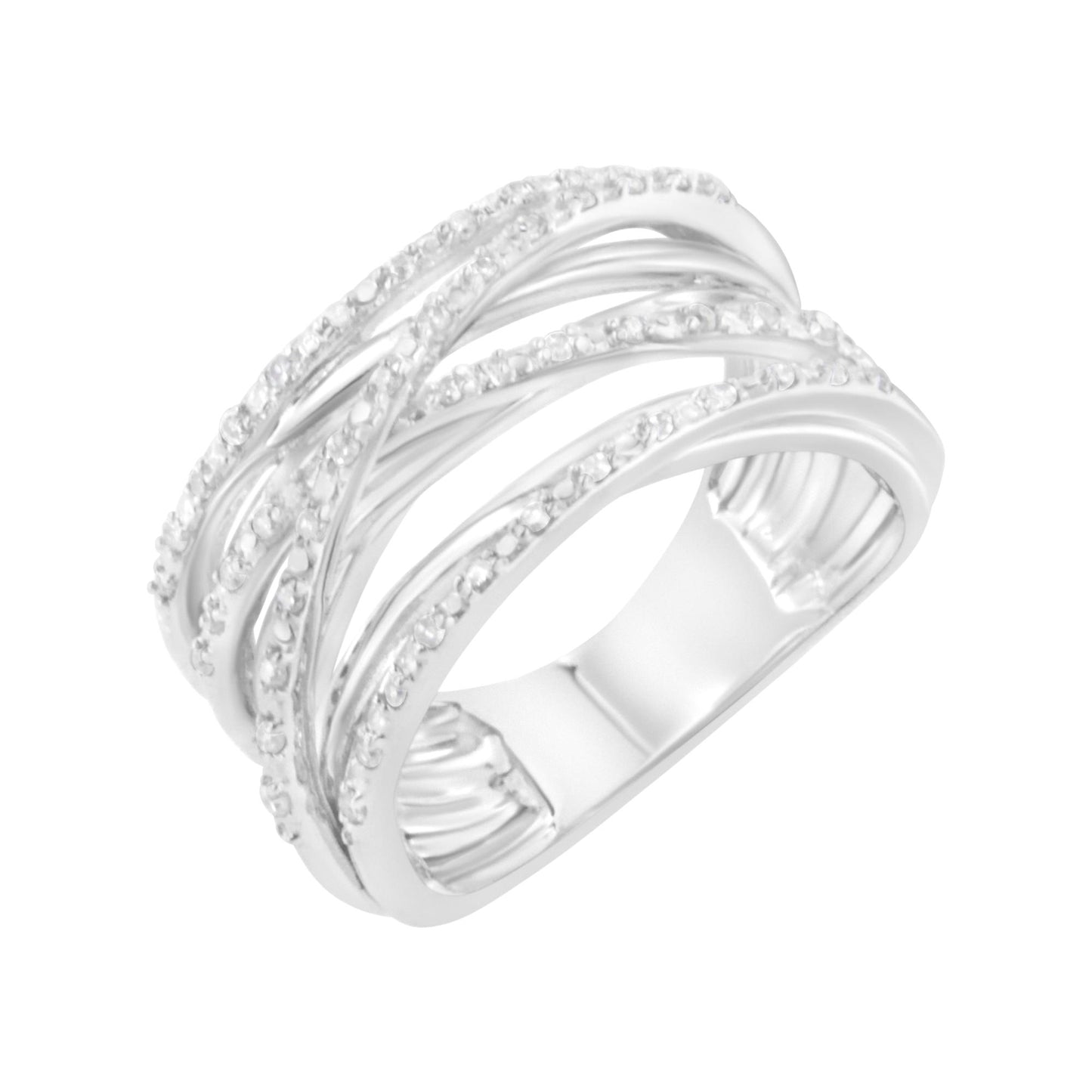 White metal ring with multiple crisscrossing bands, each set with small round white gemstones in prong settings, shown at an angled close-up.