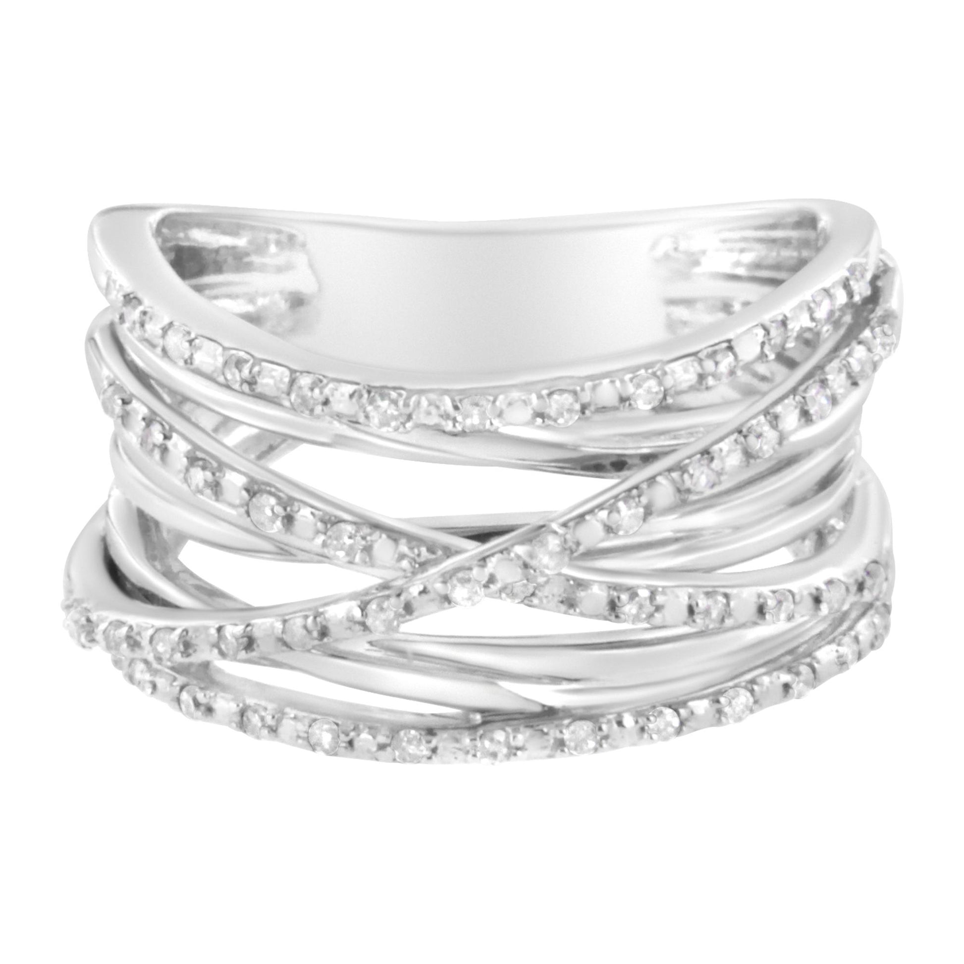 White metal ring with multiple crisscrossing bands, each adorned with small round white gemstones in prong settings, shown from a close-up front angle.