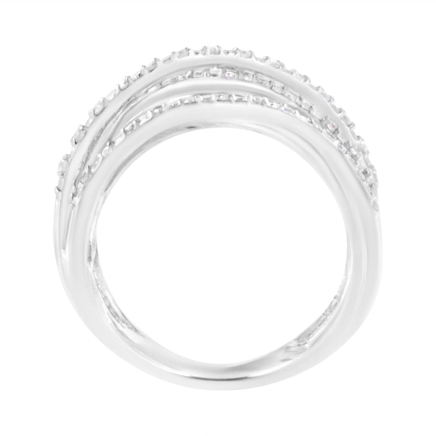 Top-down view of a white metal ring with three parallel rows of round white gemstones in prong settings.
