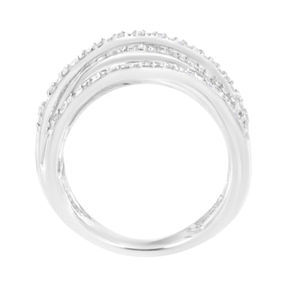 Top-down view of a white metal ring with three parallel rows of round white gemstones in prong settings.