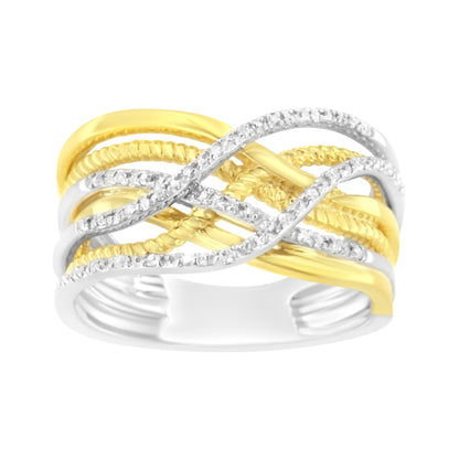 Front angle view of a ring featuring intertwined yellow and white metal bands, with white round gemstones set in prong settings on the white metal bands.