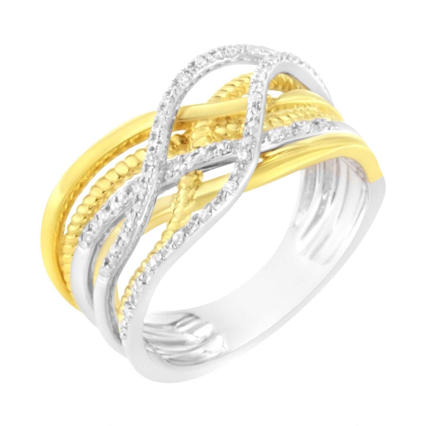 Angle view of an intertwined yellow and white metal ring with white round prong-set gemstones.