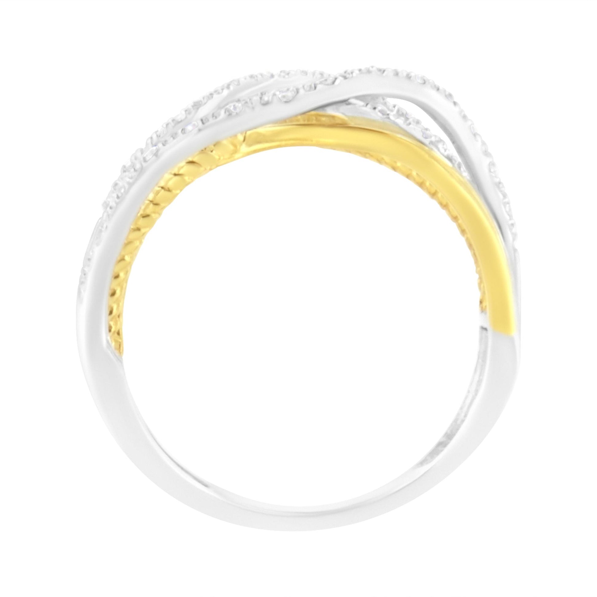 Top view of a two-tone ring featuring intertwined yellow and white bands with round white gemstones set in prongs on the white bands.