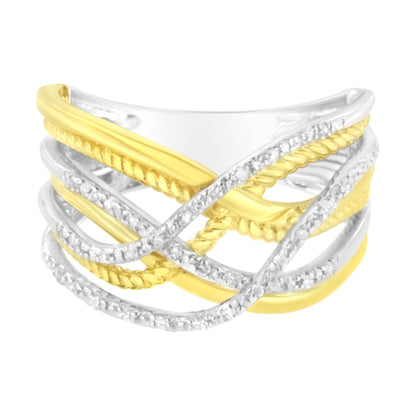 Close-up front angle of a multi-band ring with intertwined yellow and white metal bands, featuring round white gemstones set in prongs along the white bands.