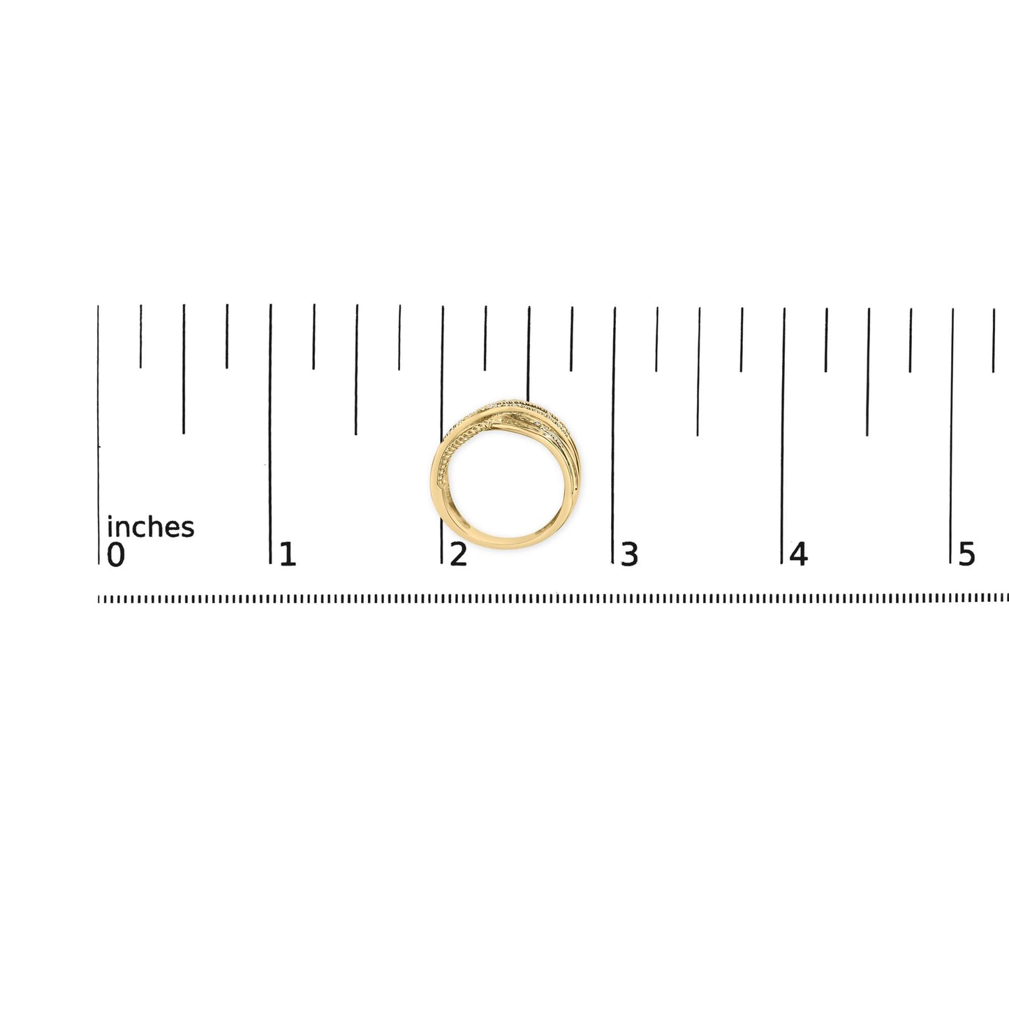 Yellow and white metal ring with round white gemstones in prong setting, placed on a ruler for size reference, top-down angle.