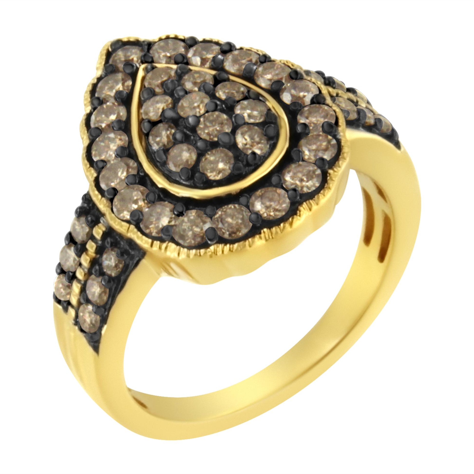 Close-up angled view of a yellow and black metal ring with round prong-set white gemstones arranged on the top and sides.