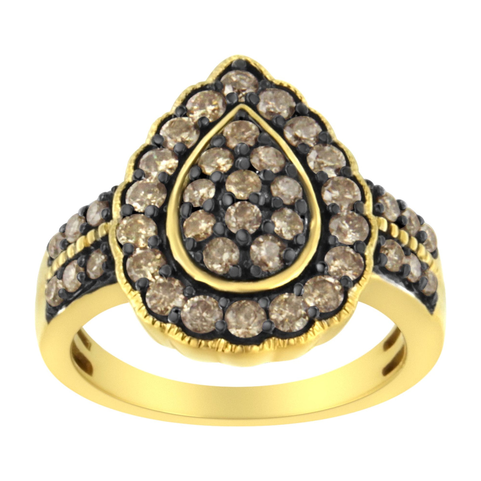 Front angled view of a yellow and black ring featuring round white gemstones in prong settings arranged in a teardrop shape on the top.