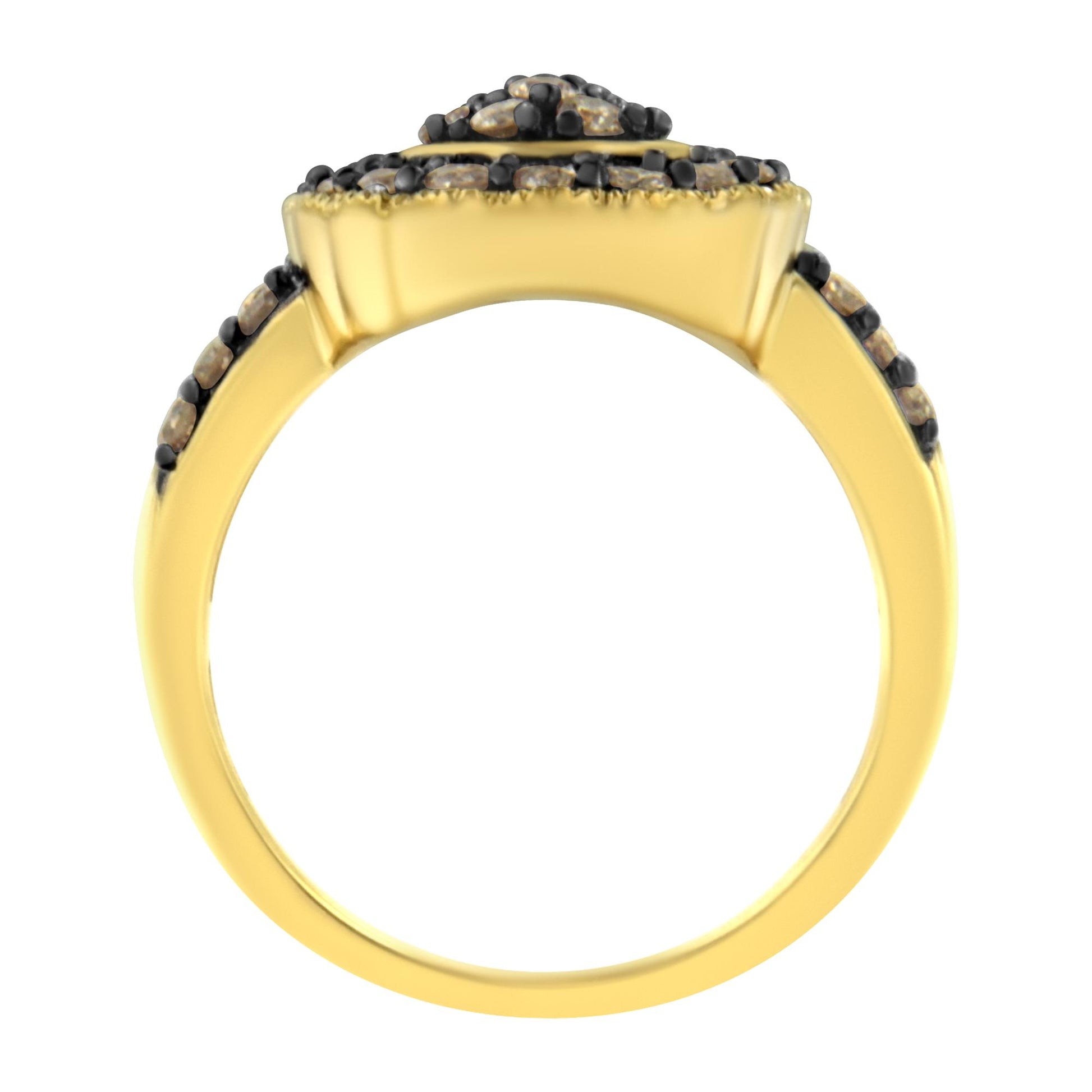Side view of a yellow and black ring with round white gemstones in prong settings along the band and top.
