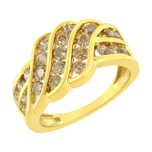 Yellow ring with a wave design featuring rows of round, brownish gemstones in channel settings, shown in a close-up angled view.