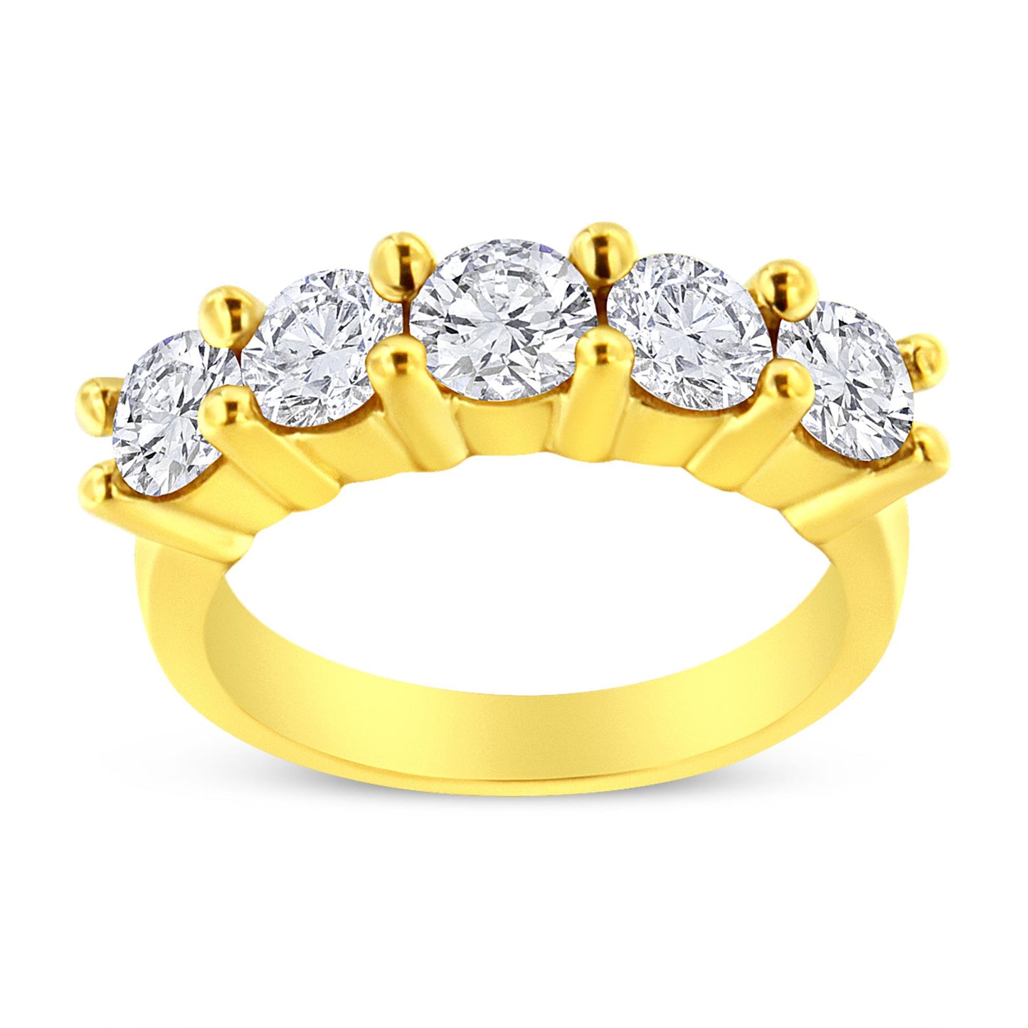 Front angled view of a yellow metal ring featuring five round white gemstones set in prongs.