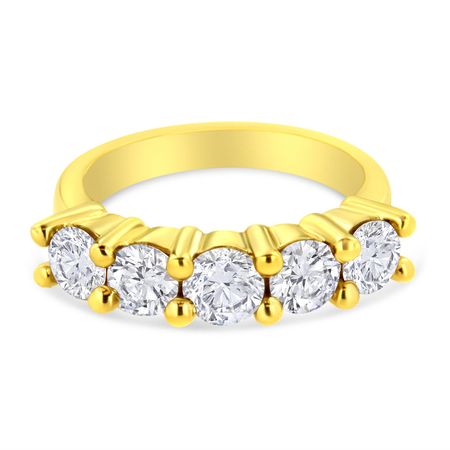 Yellow metal ring with five round white gemstones in prong setting, shown in a front angled close-up.