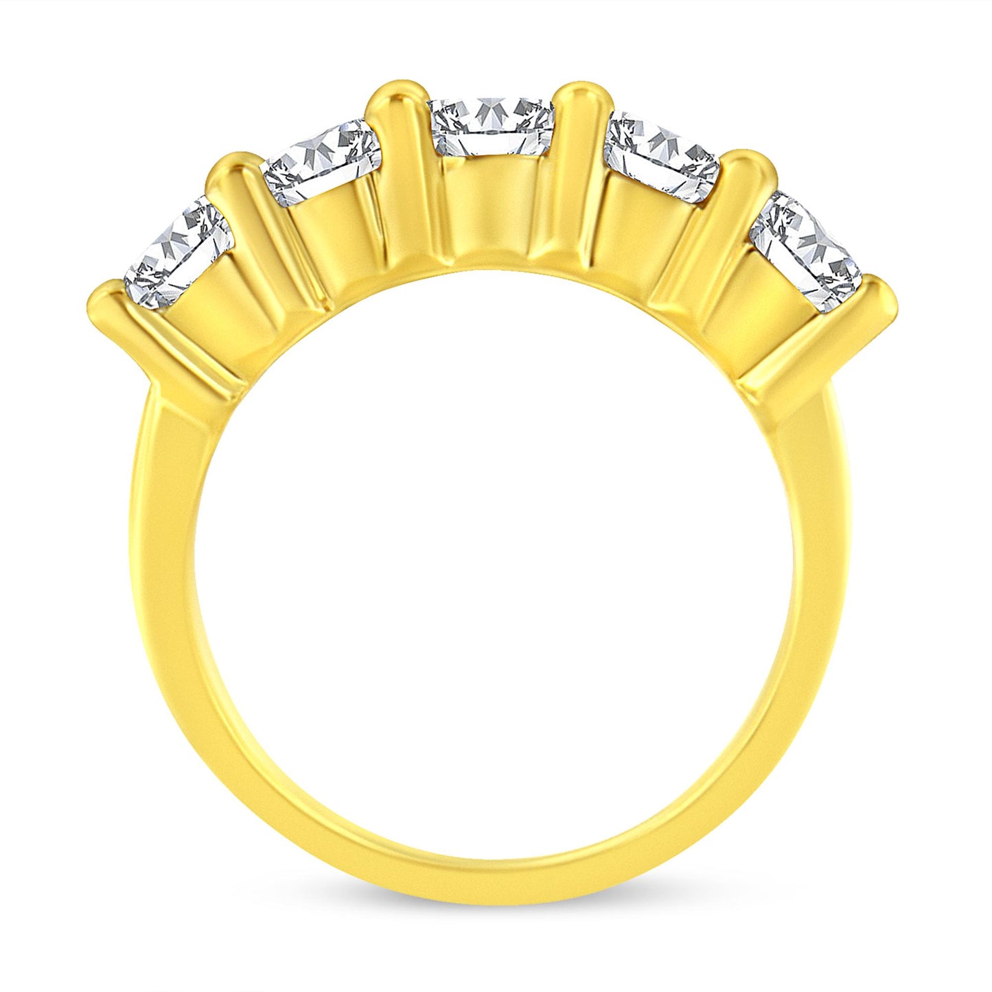 Yellow metal ring with five round white gemstones in prong settings, viewed from the side.