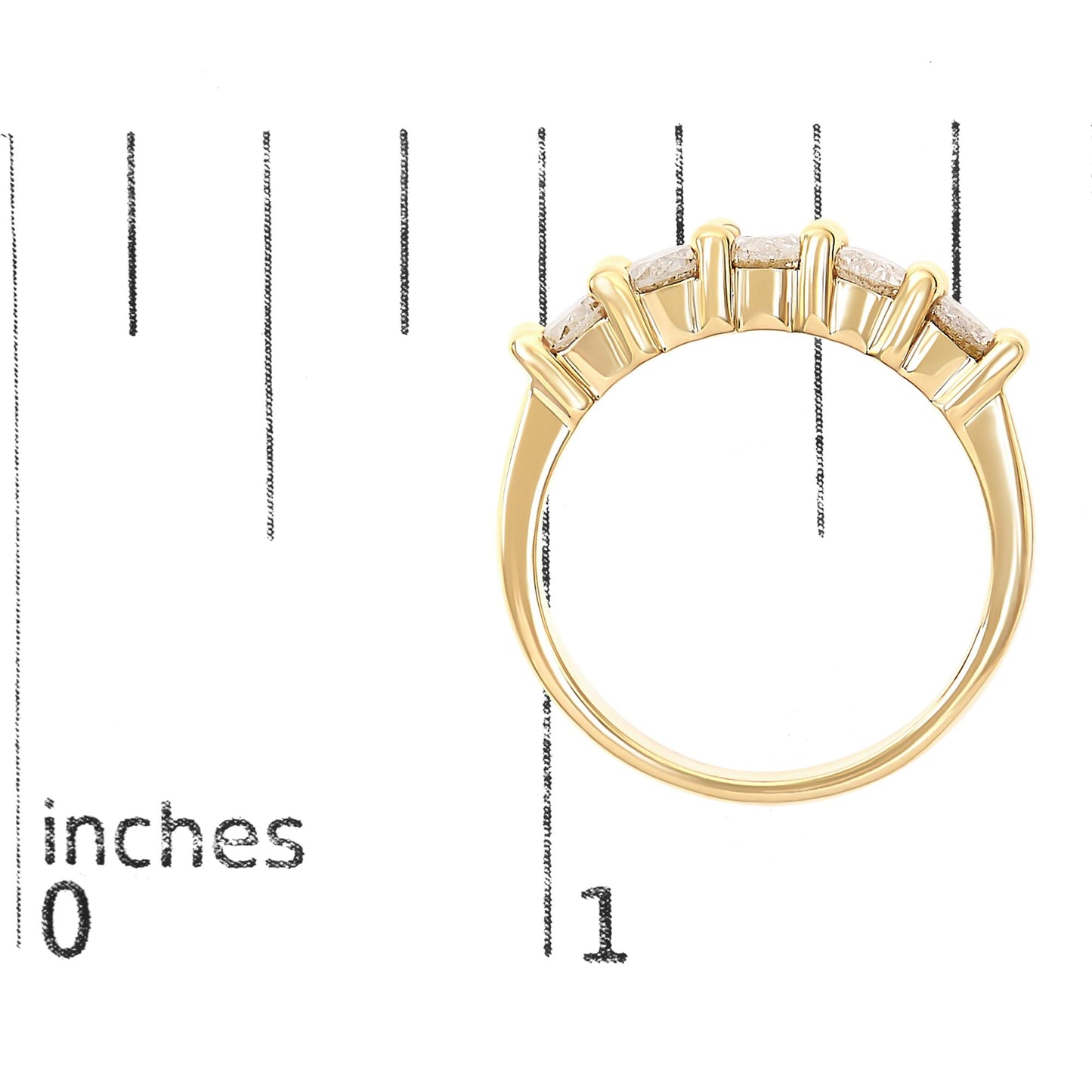 Yellow metal ring with five white round gemstones in prong settings, shown from a side angle on a ruler for size reference.
