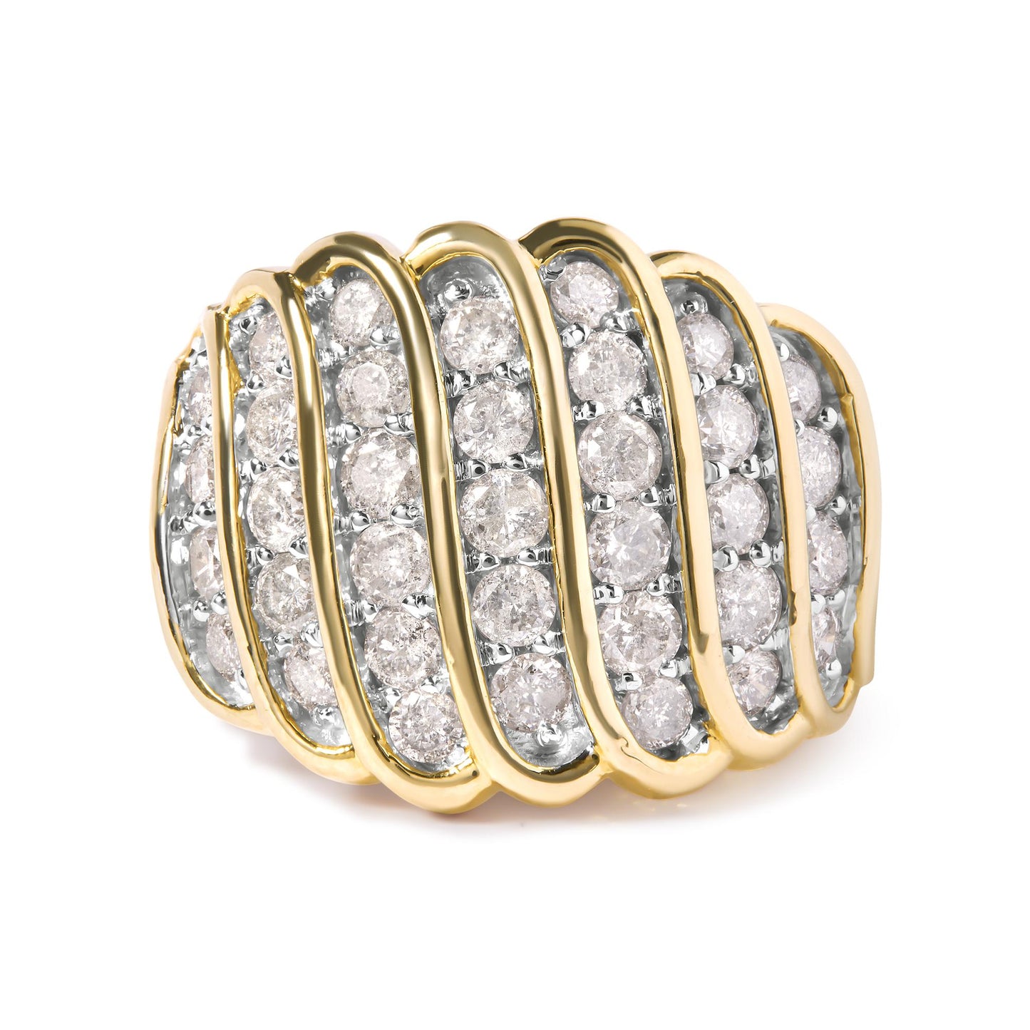 Yellow metal ring with multiple rows of white round gemstones in prong settings, shown in a close-up angle.