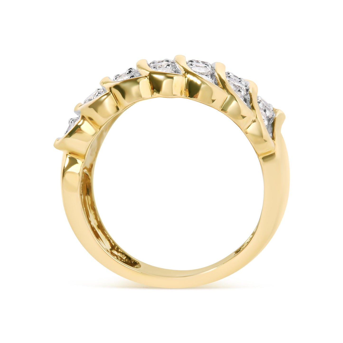 Side view of a yellow metal ring with white round gemstones in prong settings arranged along the upper half.