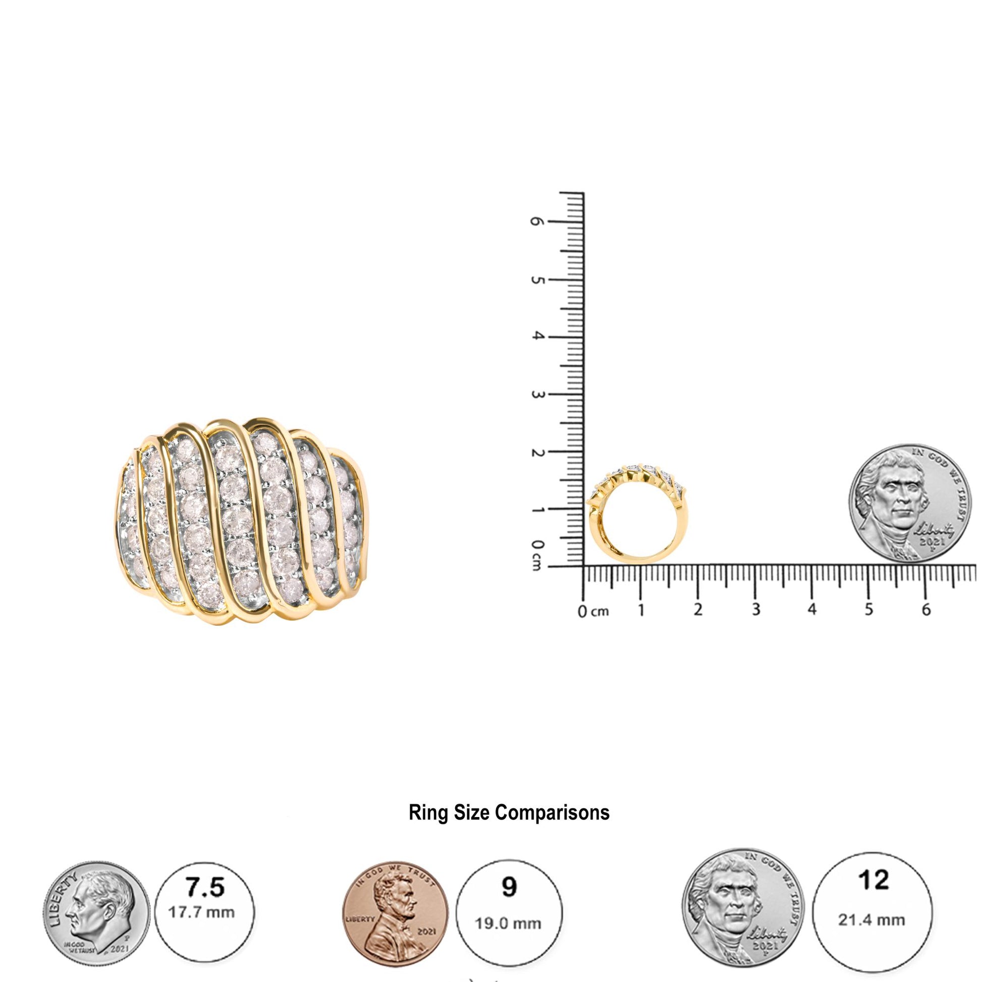 Yellow ring with curved rows of prong-set white round gemstones, shown from a side angle, placed on a ruler and scale for size reference.