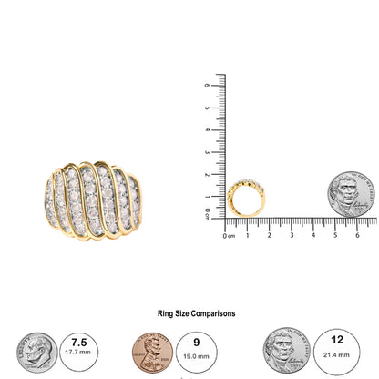 Yellow ring with curved rows of prong-set white round gemstones, shown from a side angle, placed on a ruler and scale for size reference.