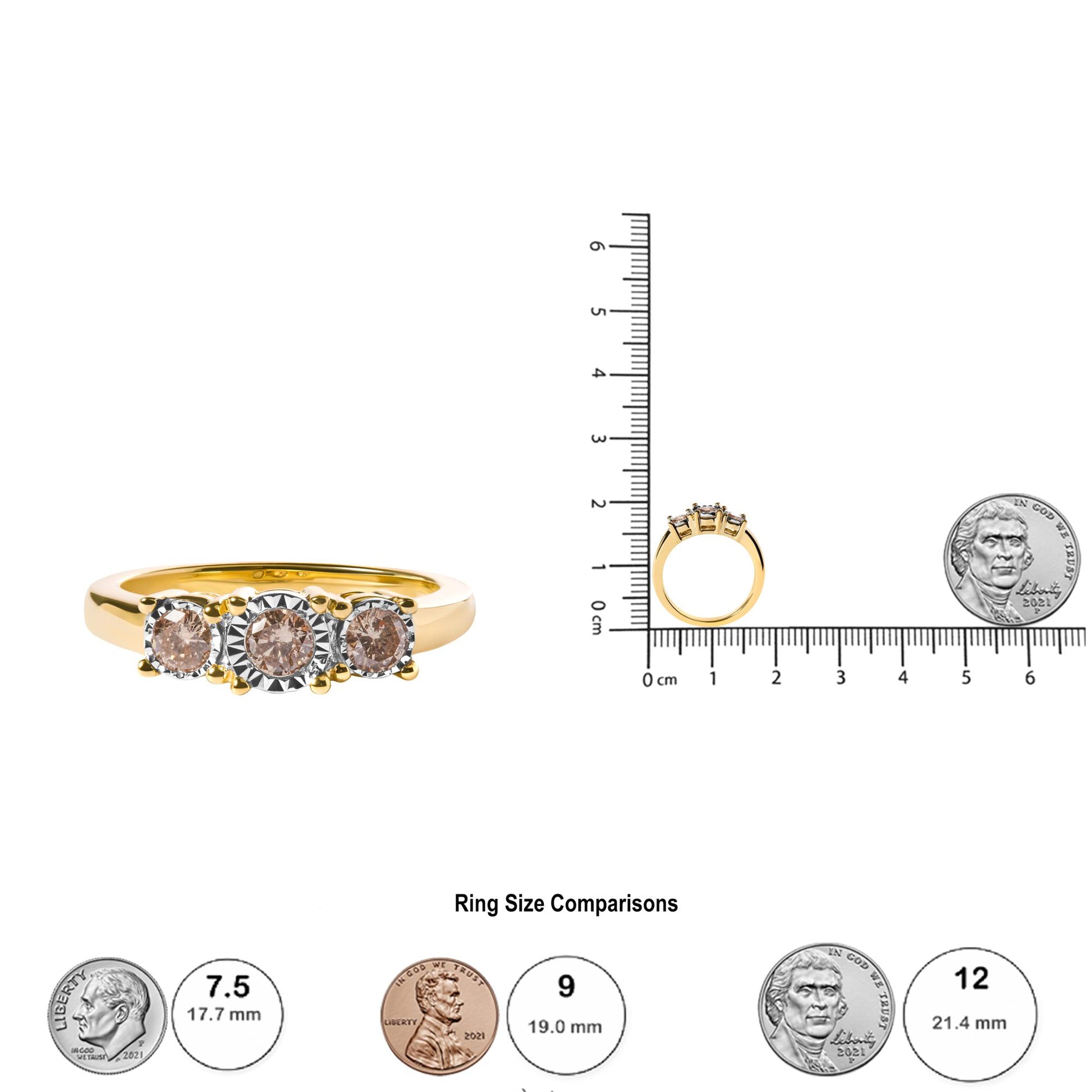 Yellow ring with three round white gemstones in miracle settings, shown from front and side view on a scale for size reference.