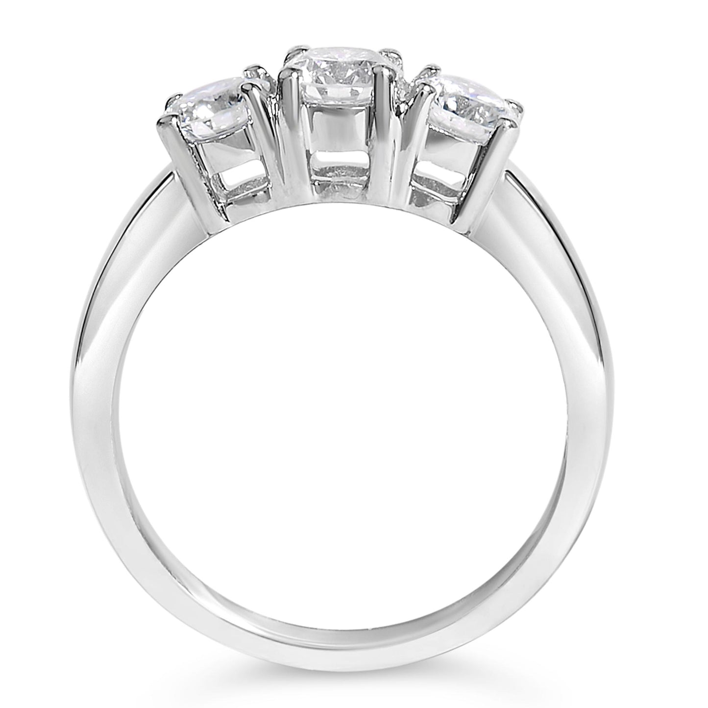 Front-facing view of a white metal ring featuring three round white gemstones in 4-prong settings.