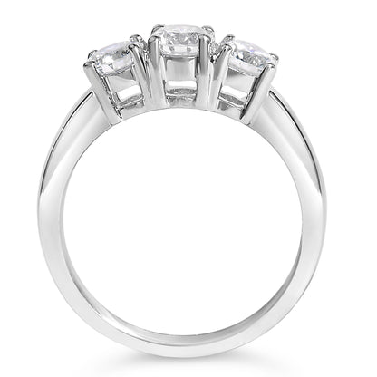 Front-facing view of a white metal ring featuring three round white gemstones in 4-prong settings.