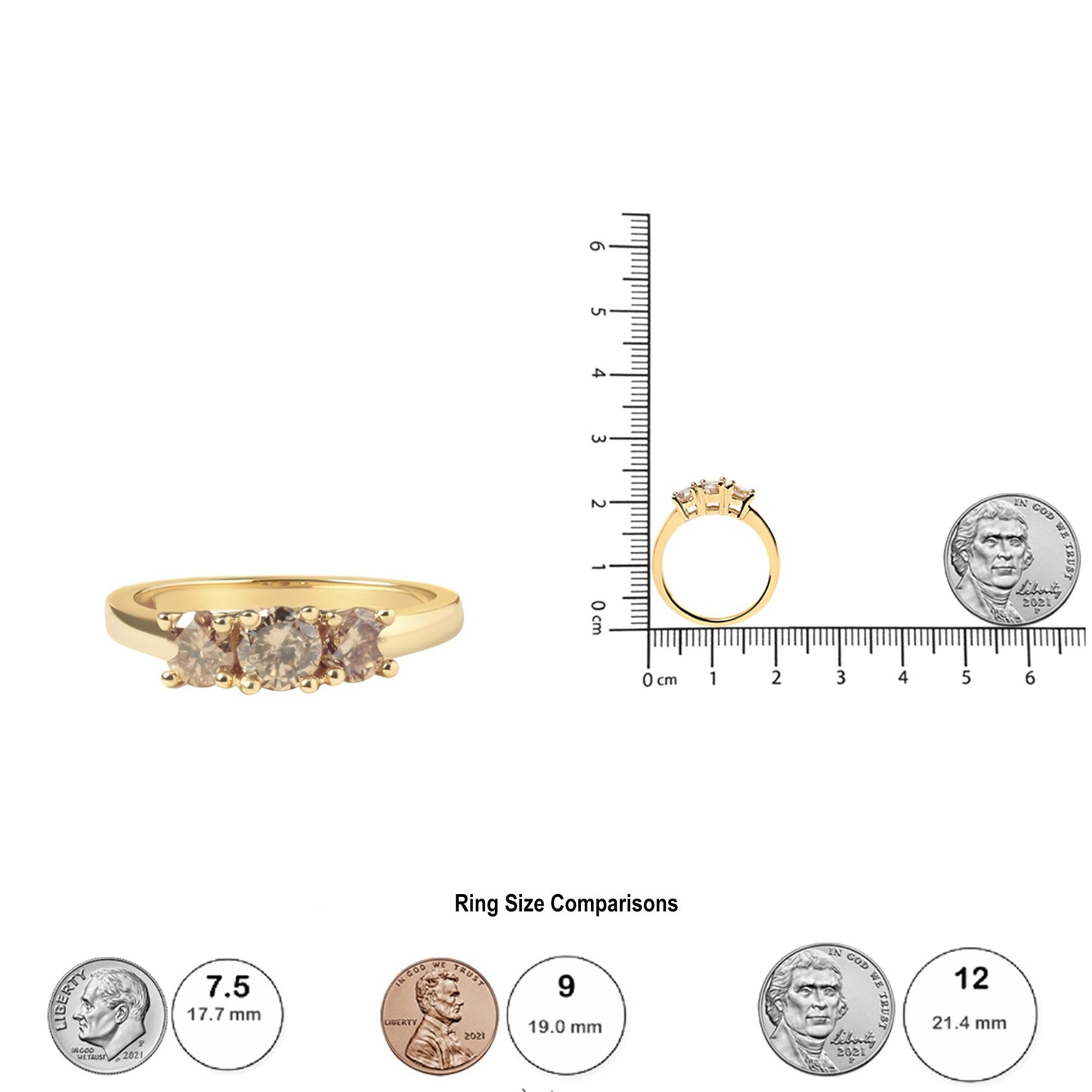 Yellow ring with three round white gemstones in prong settings, shown in a front view and a side view on a ruler and next to coins for size reference.