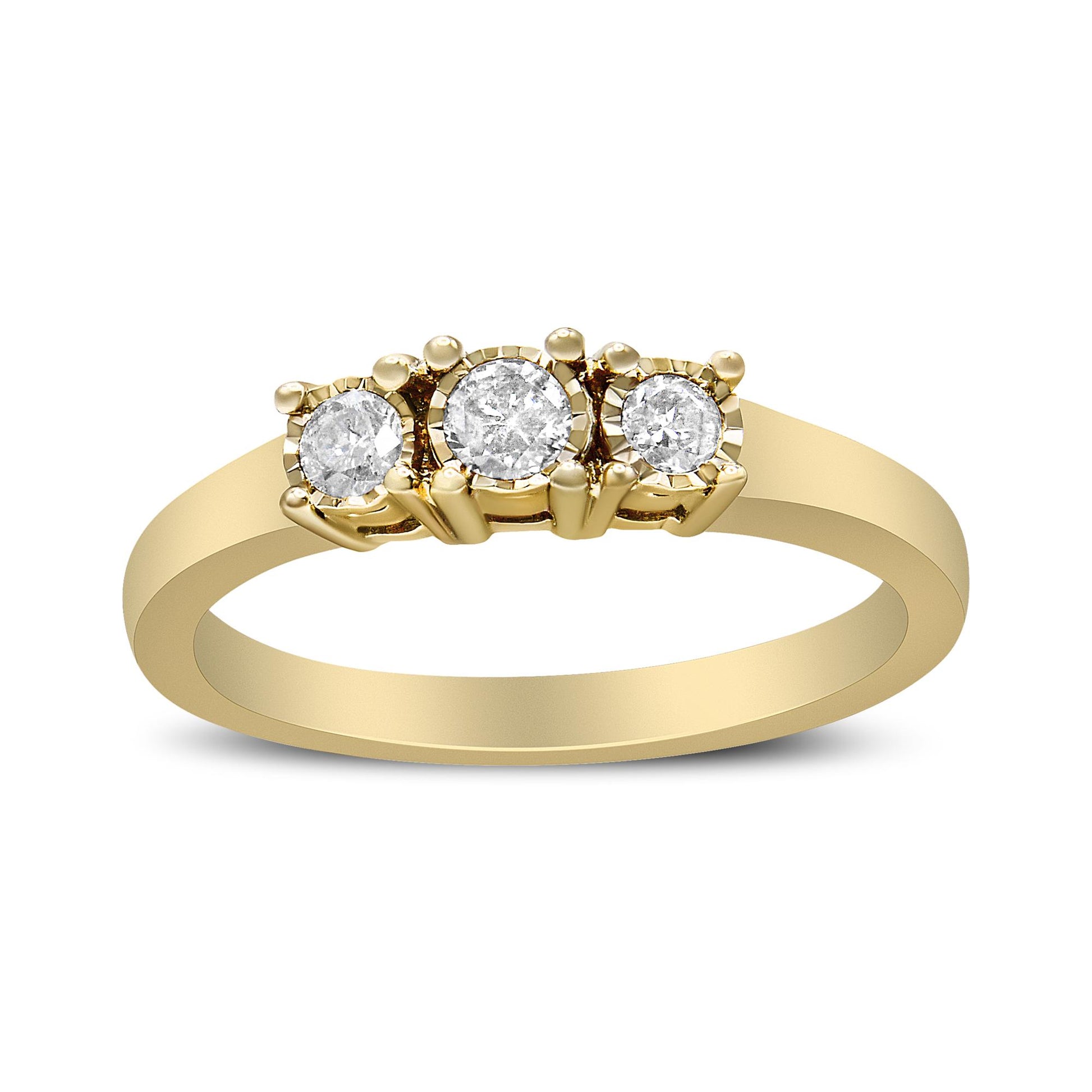 Yellow metal ring with three round white gemstones set in miracle settings, shown from a front angle.
