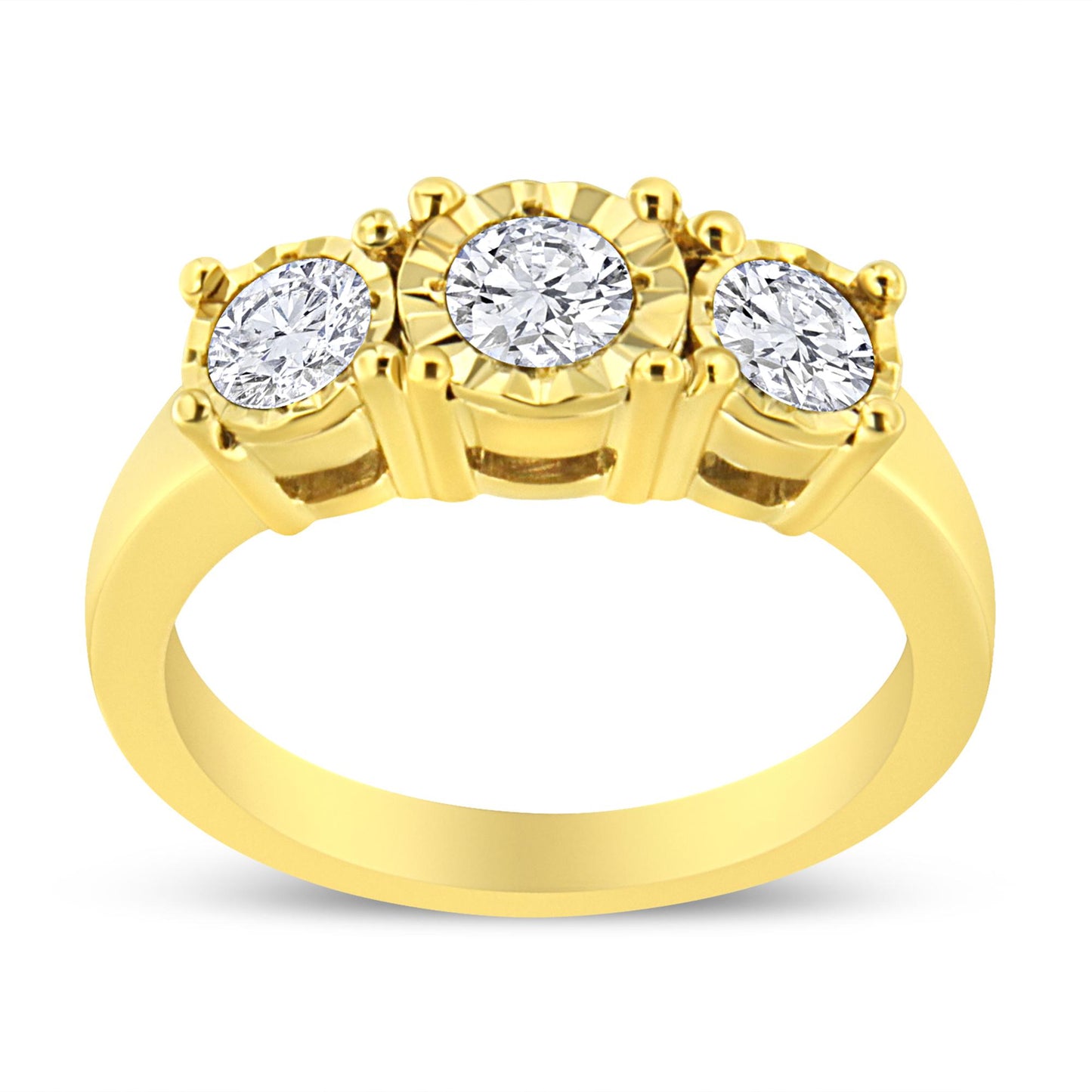 Yellow metal ring with three round white gemstones in miracle settings, front view.