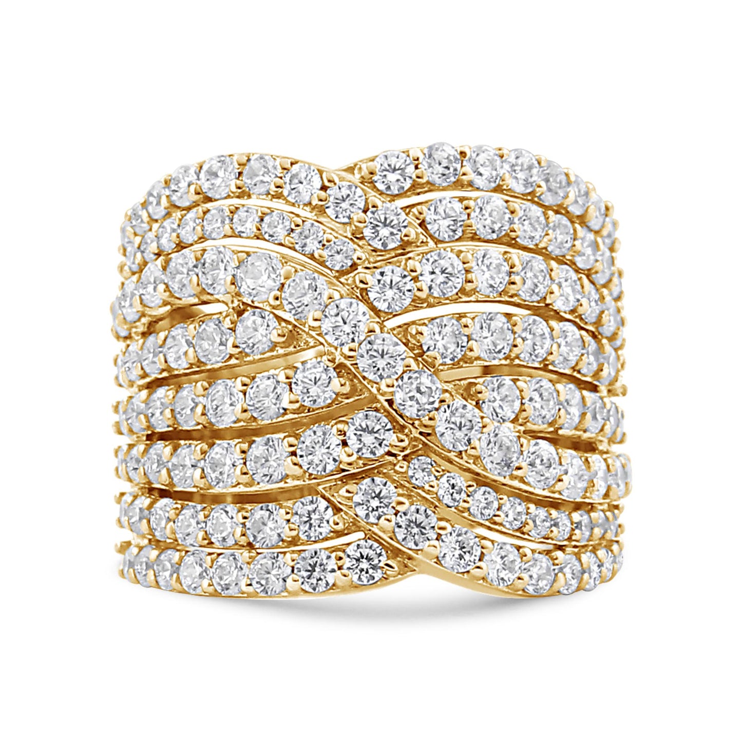 Close-up front view of a wide yellow ring featuring multiple rows of round white gemstones in prong settings arranged in an intricate overlapping pattern.