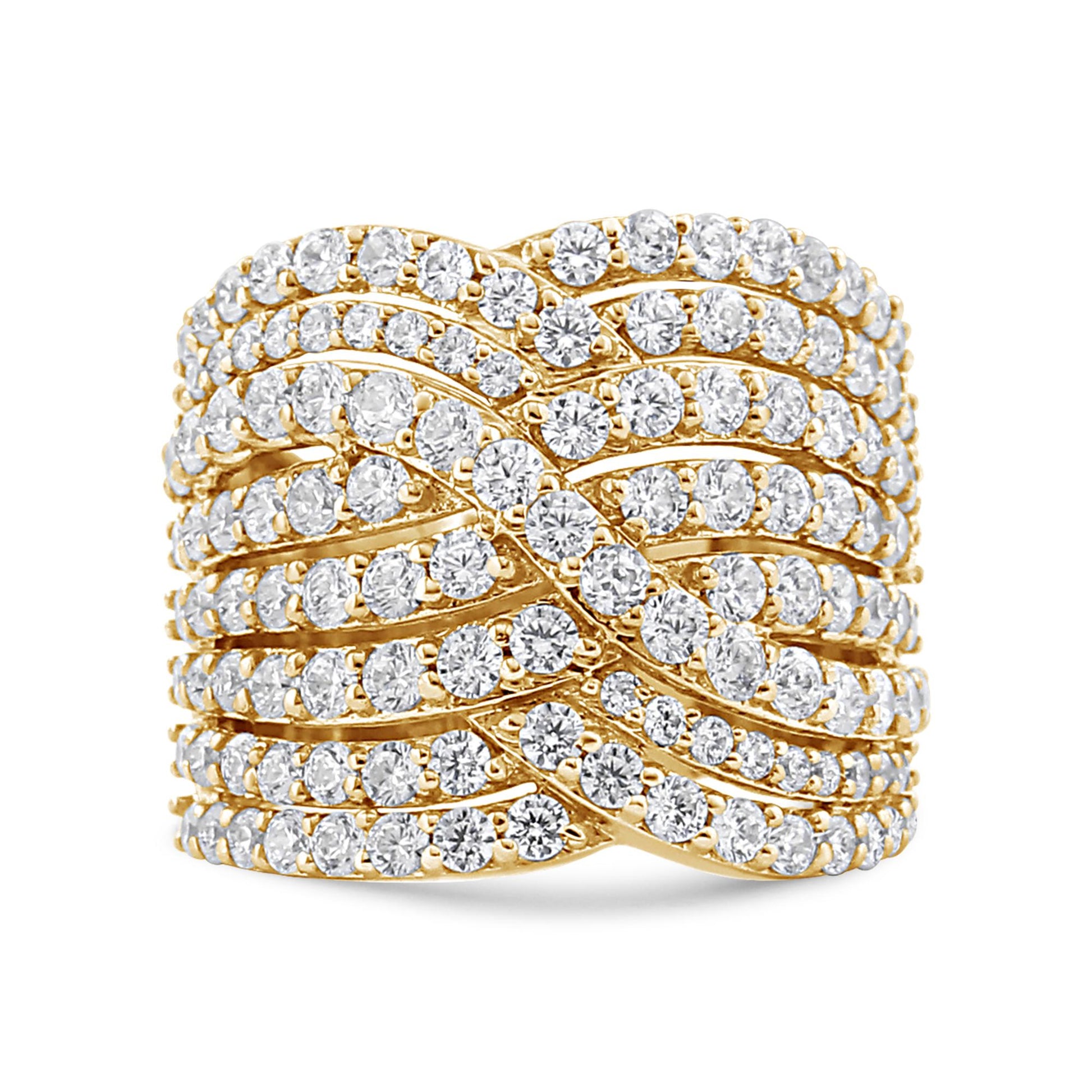 Close-up front view of a wide yellow ring featuring multiple rows of round white gemstones in prong settings arranged in an intricate overlapping pattern.