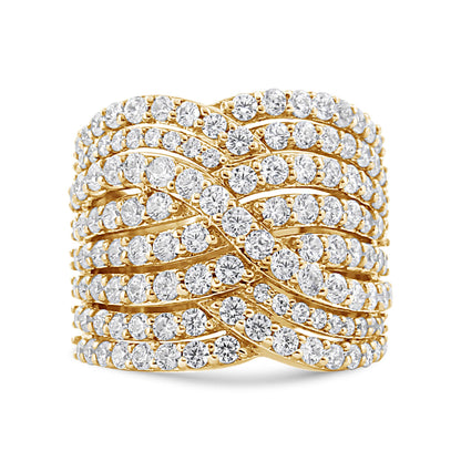 Close-up front view of a wide yellow ring featuring multiple rows of round white gemstones in prong settings arranged in an intricate overlapping pattern.