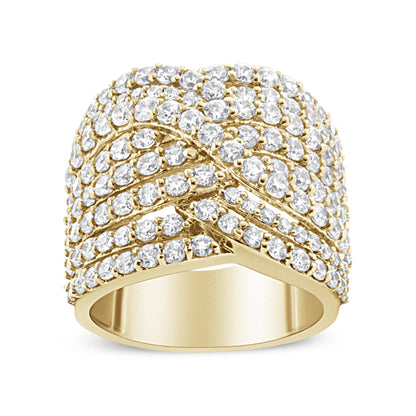 Front angled view of a wide yellow metal ring featuring multiple rows of white round gemstones in prong settings.