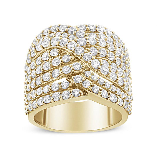 Front angled view of a wide yellow metal ring featuring multiple rows of white round gemstones in prong settings.