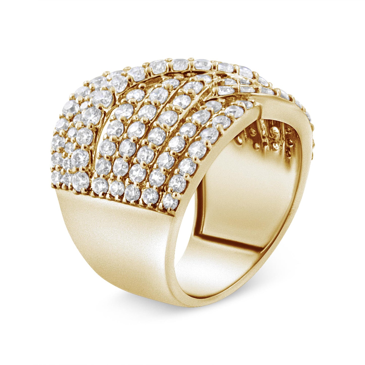 Yellow metal ring with multiple rows of round white gemstones in prong settings viewed from a three-quarter angle.