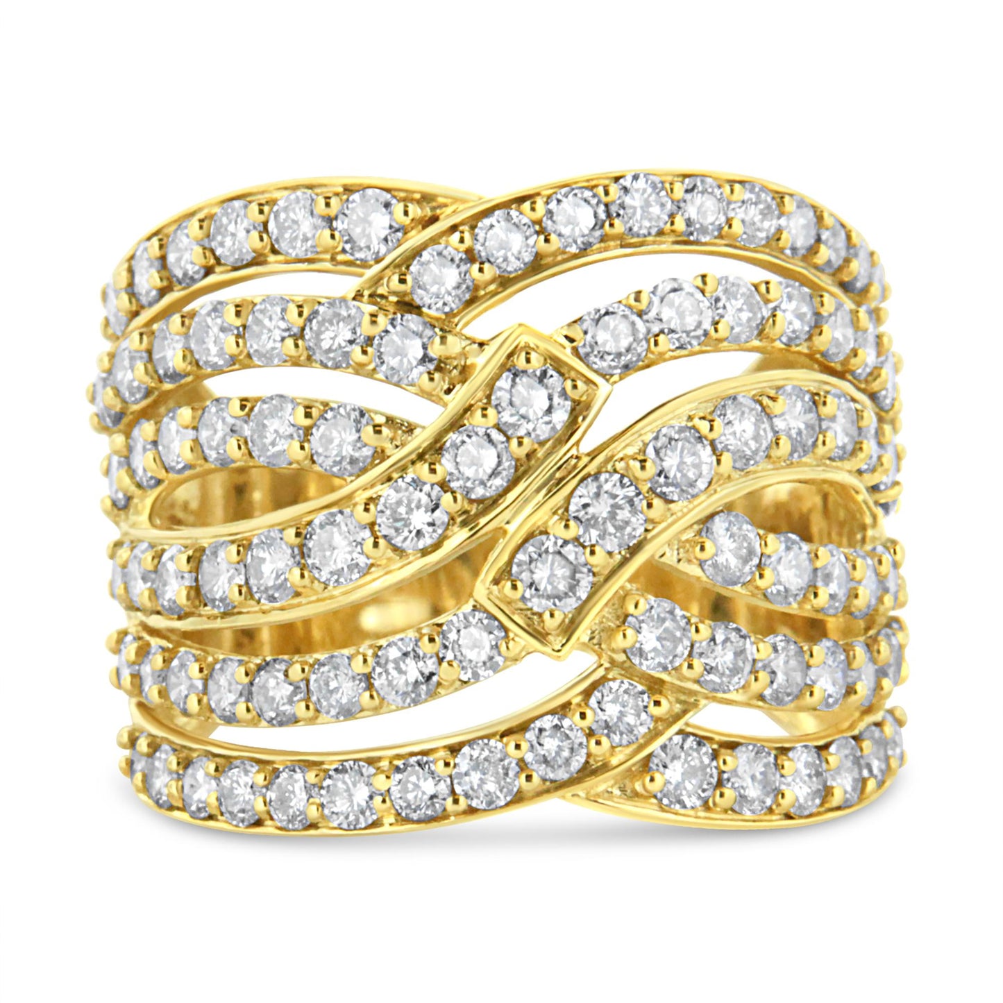 Close-up front view of a yellow metal ring with multiple overlapping bands adorned with round white gemstones in prong settings.
